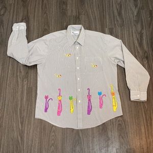 Women's Mili Designs Neon Cat Mouse Embroidered Button Front Top Sz L Kittens.